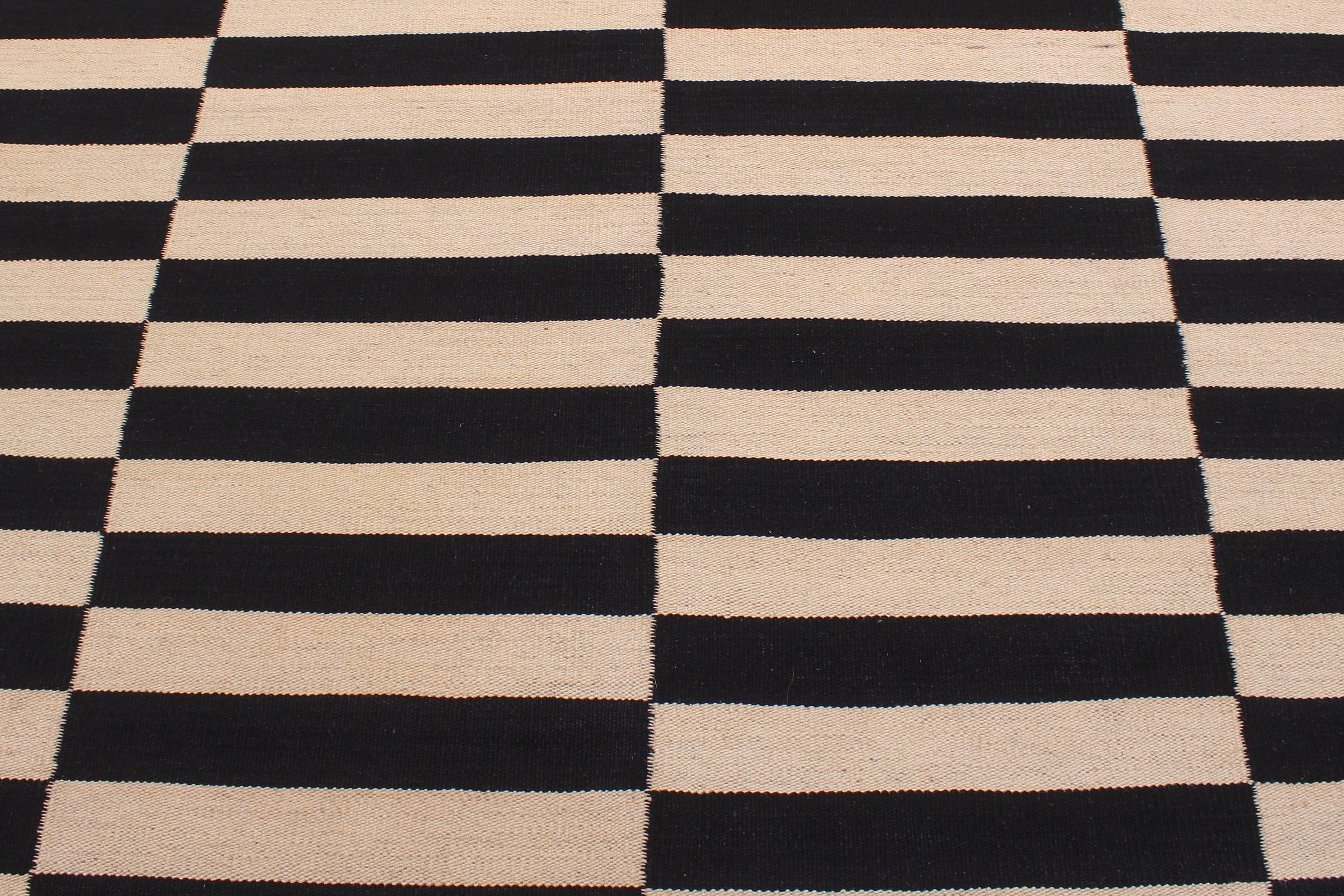 handmade Modern Kilim Beige Black Hand-Woven RECTANGLE 100% WOOL area rug 6' x 8'
