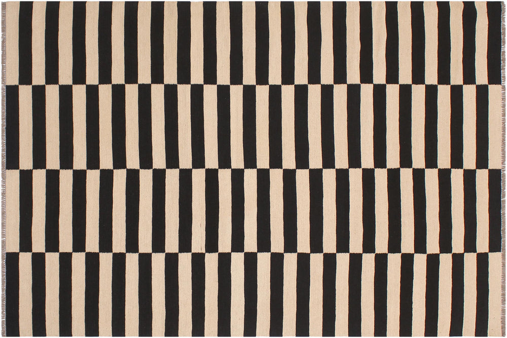 handmade Modern Kilim Beige Black Hand-Woven RECTANGLE 100% WOOL area rug 6' x 8'