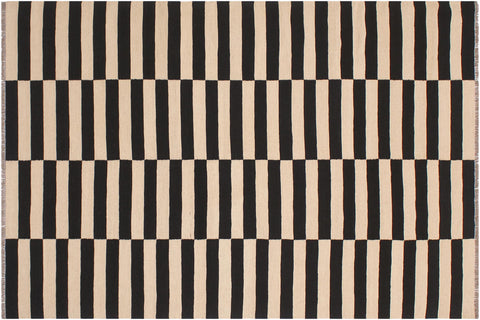 handmade Modern Kilim Beige Black Hand-Woven RECTANGLE 100% WOOL area rug 6' x 8'