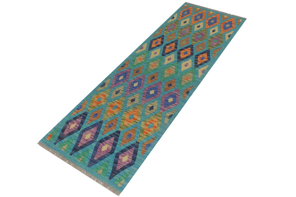 Flat Weave Kilim Antique Navaho Vintage handmade Modern Kilim Blue Rust Hand-Woven Runner 100% Wool Area Rug 3x6 