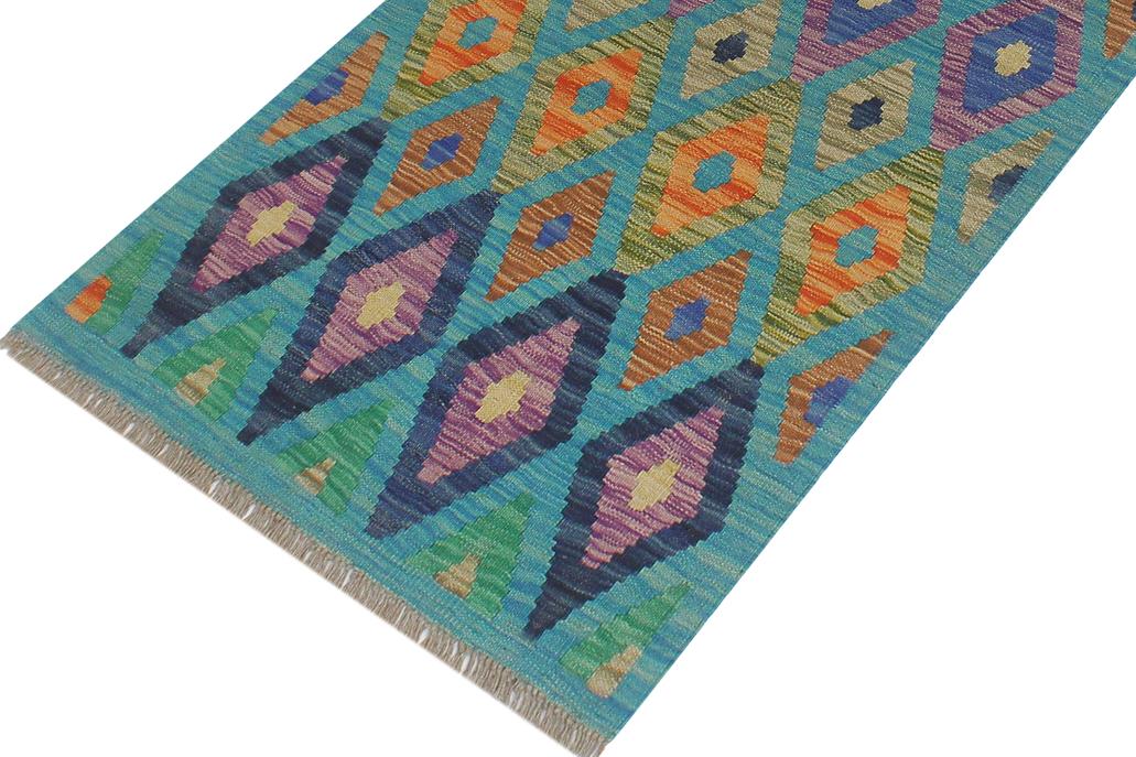 Flat Weave Kilim Antique Navaho Vintage handmade Modern Kilim Blue Rust Hand-Woven Runner 100% Wool Area Rug 3x6 