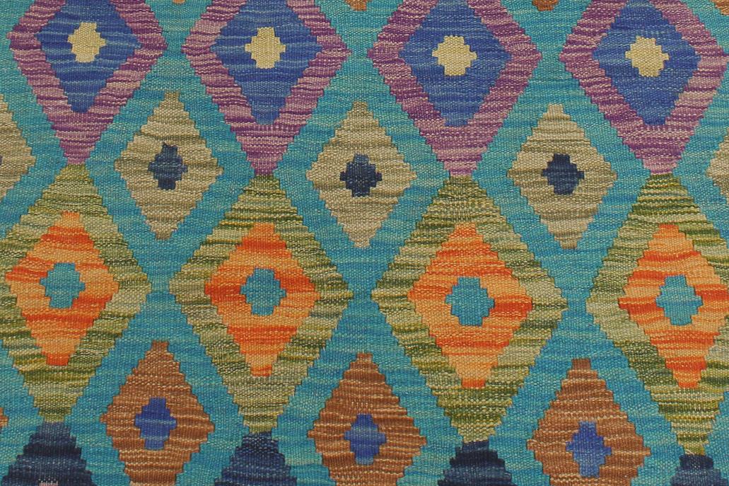 Flat Weave Kilim Antique Navaho Vintage handmade Modern Kilim Blue Rust Hand-Woven Runner 100% Wool Area Rug 3x6 