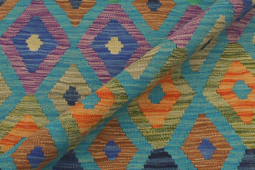 Flat Weave Kilim Antique Navaho Vintage handmade Modern Kilim Blue Rust Hand-Woven Runner 100% Wool Area Rug 3x6 