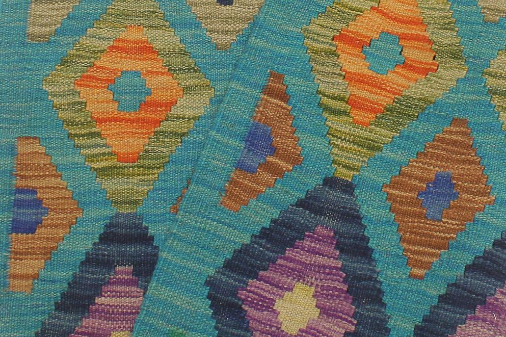 Flat Weave Kilim Antique Navaho Vintage handmade Modern Kilim Blue Rust Hand-Woven Runner 100% Wool Area Rug 3x6 