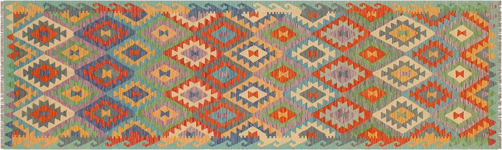 Flat Weave Kilim Antique Navaho Vintage handmade Geometric Kilim Rust Blue Hand-Woven Runner 100% Wool Area Rug 3x10 
