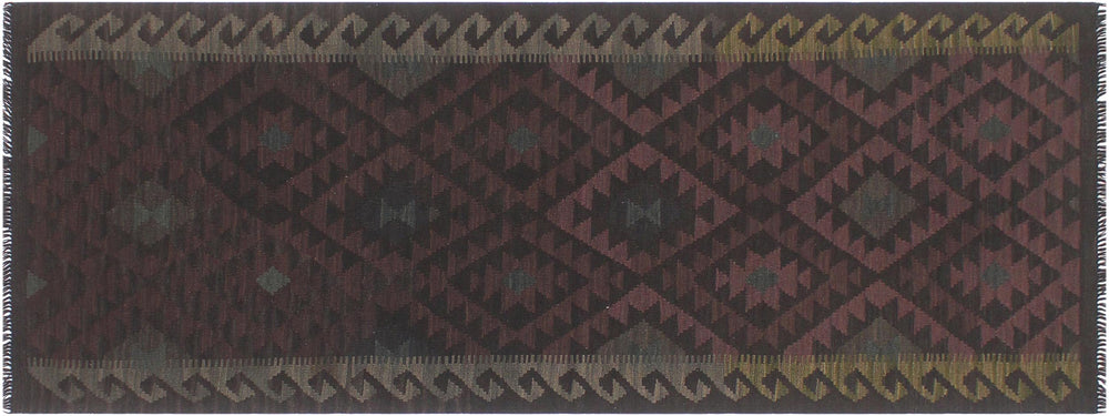 handmade Modern Kilim Brown Black Hand-Woven RUNNER 100% WOOL area rug 3' x 8'
