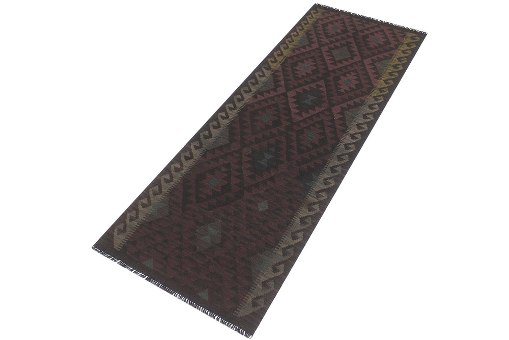 handmade Modern Kilim Brown Black Hand-Woven RUNNER 100% WOOL area rug 3' x 8'