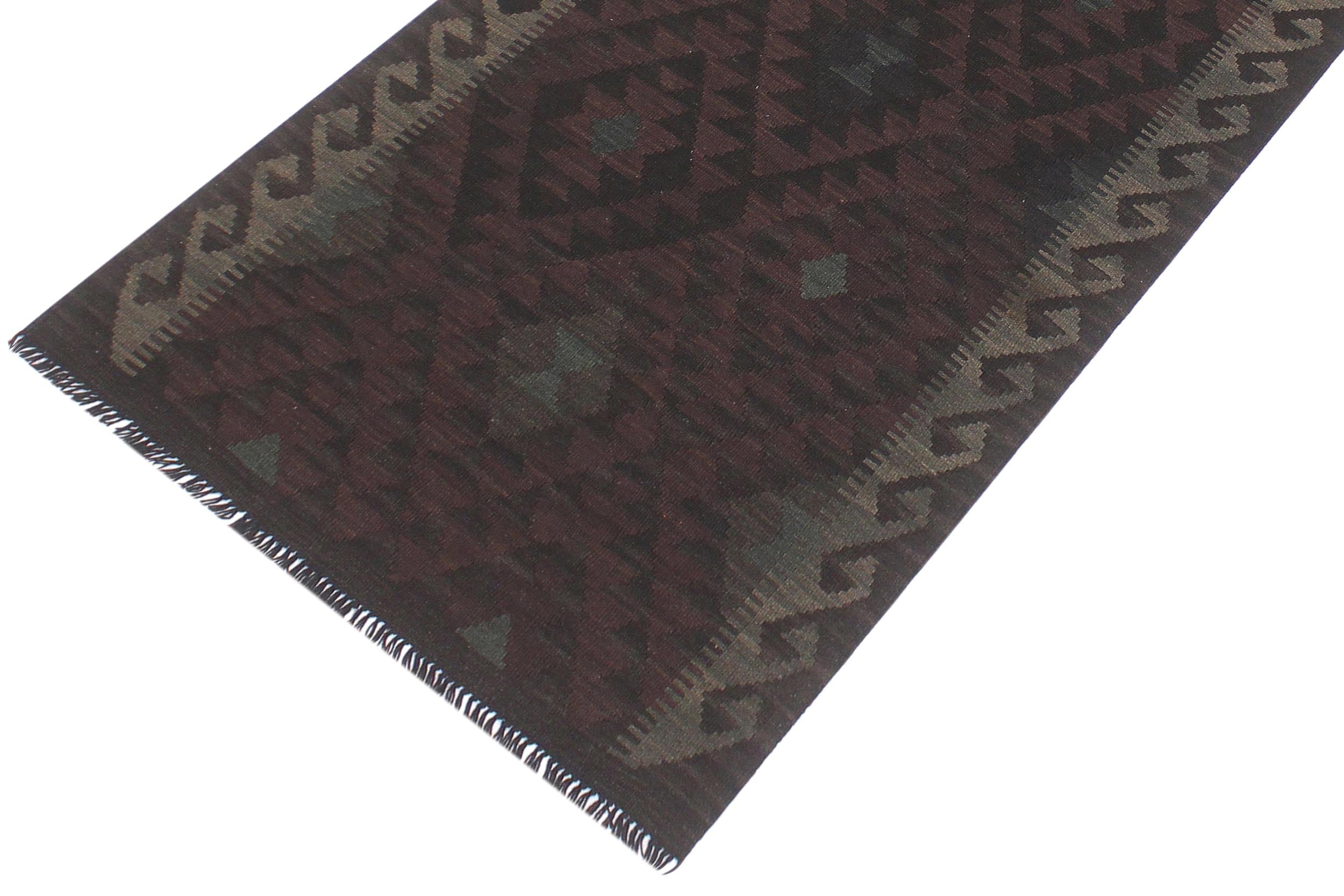 handmade Modern Kilim Brown Black Hand-Woven RUNNER 100% WOOL area rug 3' x 8'