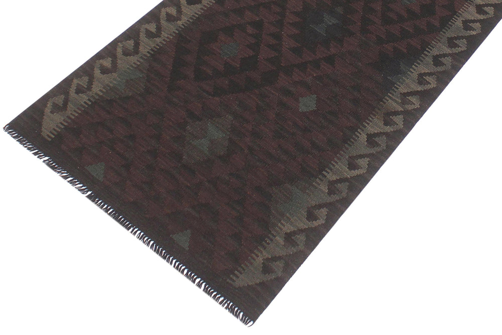 handmade Modern Kilim Brown Black Hand-Woven RUNNER 100% WOOL area rug 3' x 8'