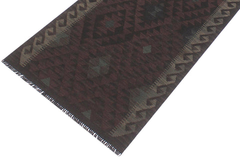 handmade Modern Kilim Brown Black Hand-Woven RUNNER 100% WOOL area rug 3' x 8'