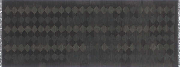 handmade Modern Kilim Black Green Hand-Woven RUNNER 100% WOOL area rug 3' x 8'