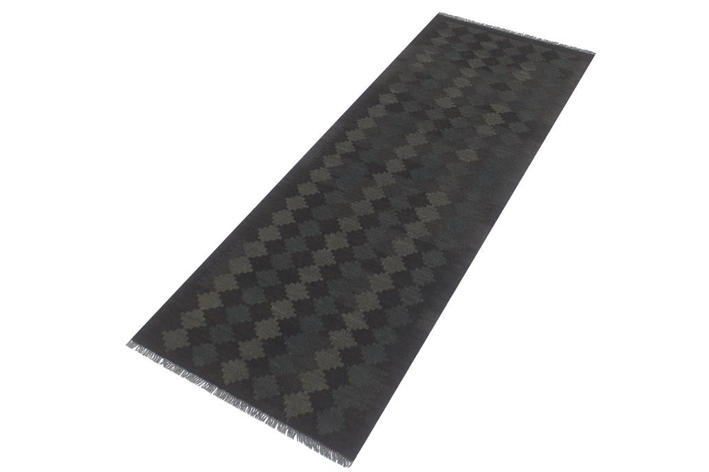 Flat Weave Kilim Antique Navaho Vintage handmade Modern Kilim Black Green Hand-Woven Runner 100% Wool Area Rug 3x8 