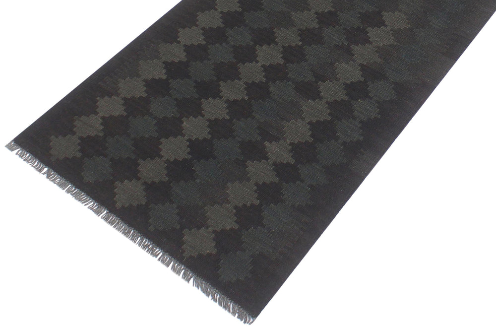 handmade Modern Kilim Black Green Hand-Woven RUNNER 100% WOOL area rug 3' x 8'
