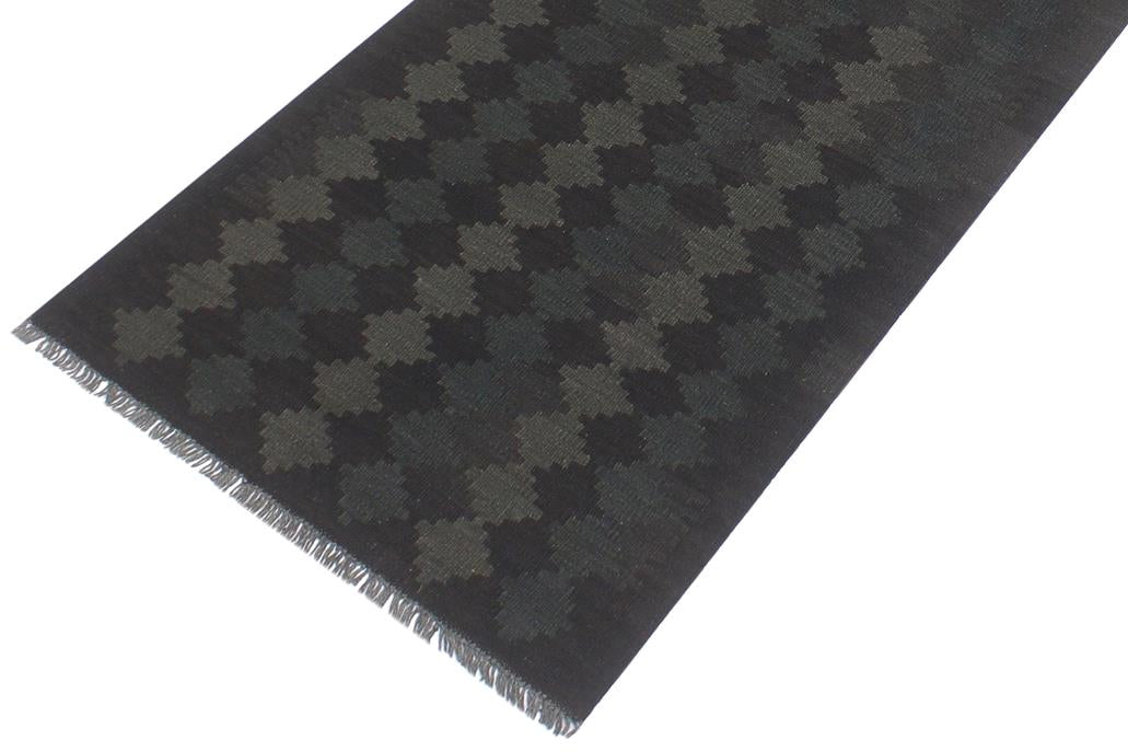 Flat Weave Kilim Antique Navaho Vintage handmade Modern Kilim Black Green Hand-Woven Runner 100% Wool Area Rug 3x8 