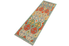 Flat Weave Kilim Antique Navaho Vintage handmade Geometric Kilim Blue Rust Hand-Woven Runner 100% Wool Area Rug 3x9 