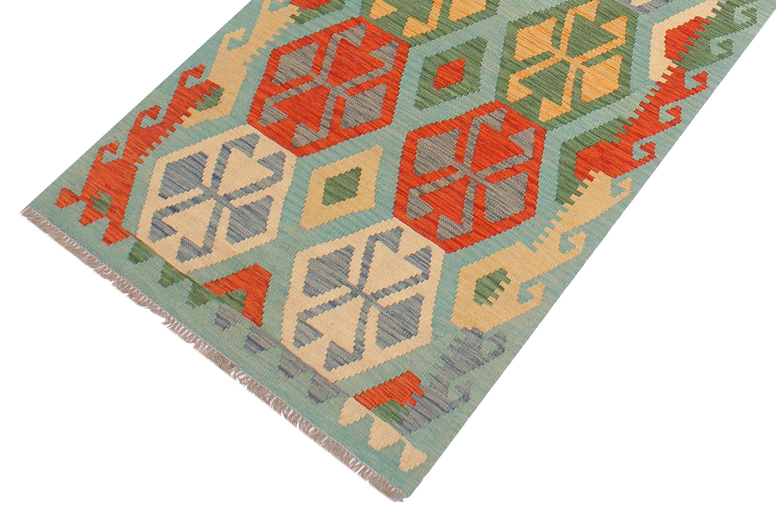 handmade Geometric Kilim Blue Rust Hand-Woven RUNNER 100% WOOL area rug 3 x 9