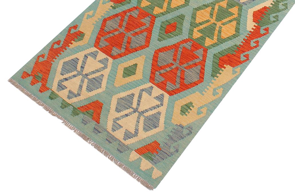 Flat Weave Kilim Antique Navaho Vintage handmade Geometric Kilim Blue Rust Hand-Woven Runner 100% Wool Area Rug 3x9 
