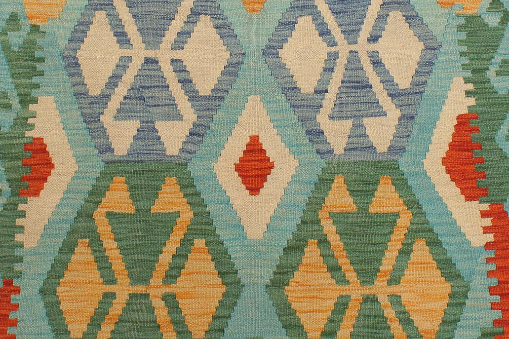 Flat Weave Kilim Antique Navaho Vintage handmade Geometric Kilim Blue Rust Hand-Woven Runner 100% Wool Area Rug 3x9 