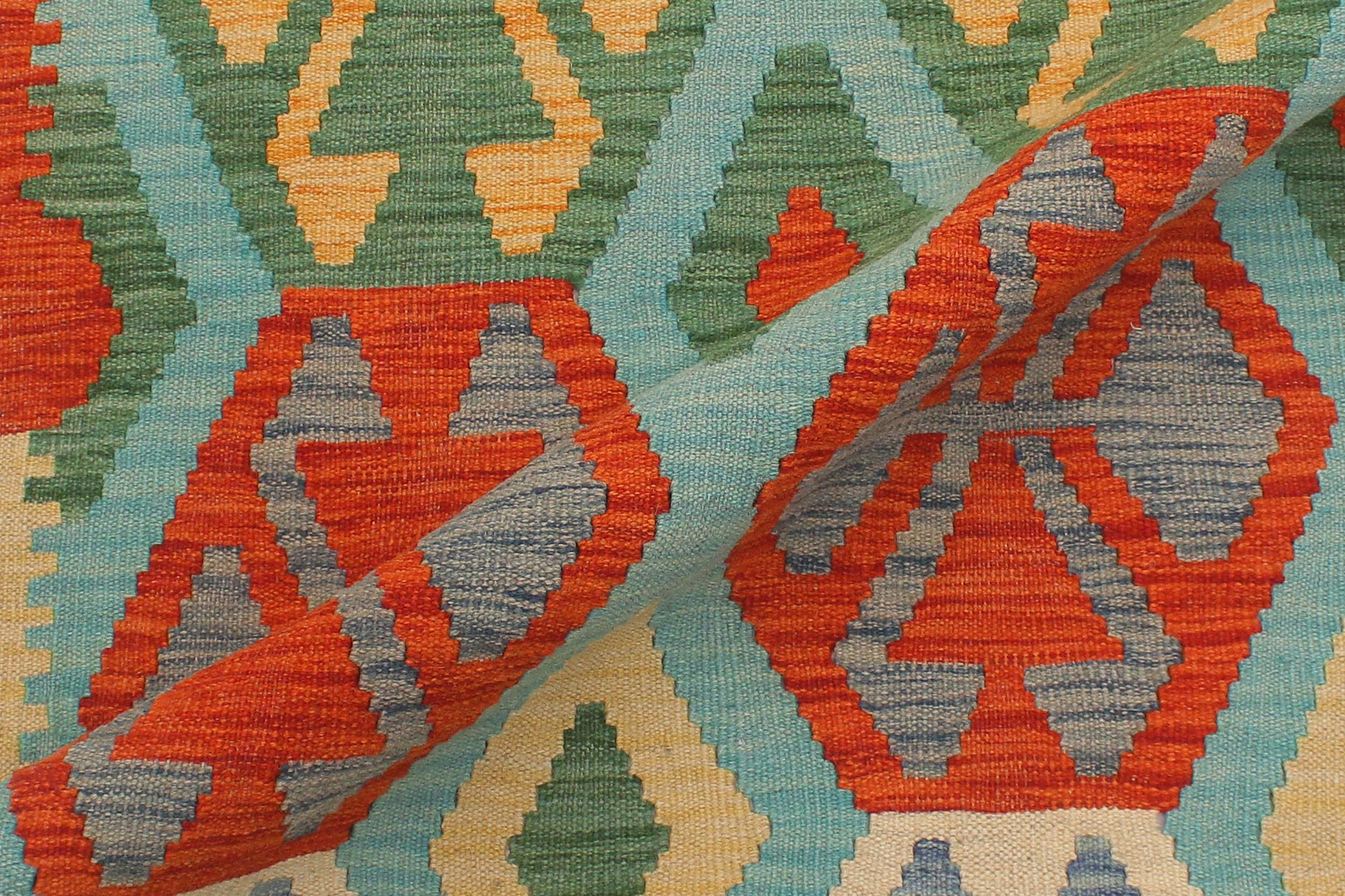 handmade Geometric Kilim Blue Rust Hand-Woven RUNNER 100% WOOL area rug 3 x 9