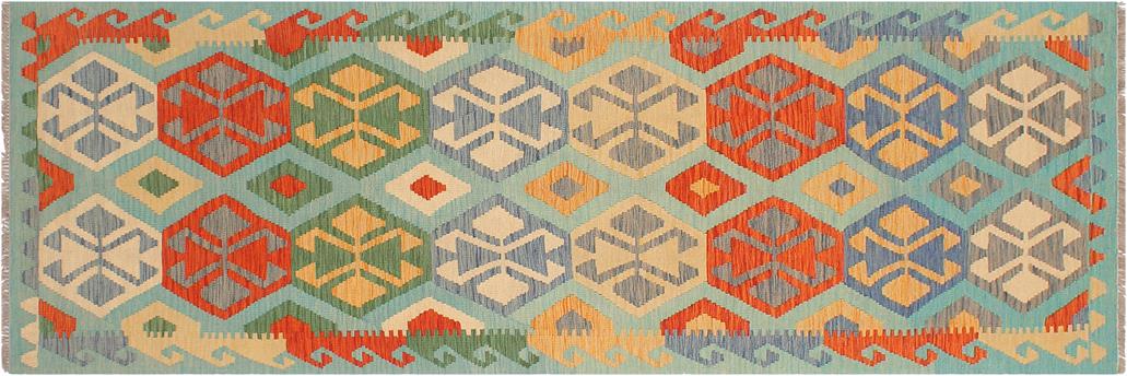 Flat Weave Kilim Antique Navaho Vintage handmade Geometric Kilim Blue Rust Hand-Woven Runner 100% Wool Area Rug 3x9 