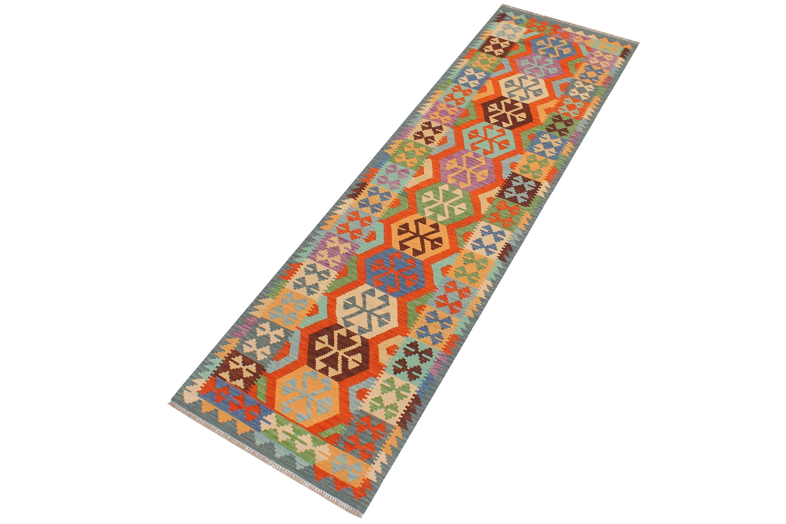 handmade Geometric Kilim Rust Blue Hand-Woven RUNNER 100% WOOL area rug 3' x 10'