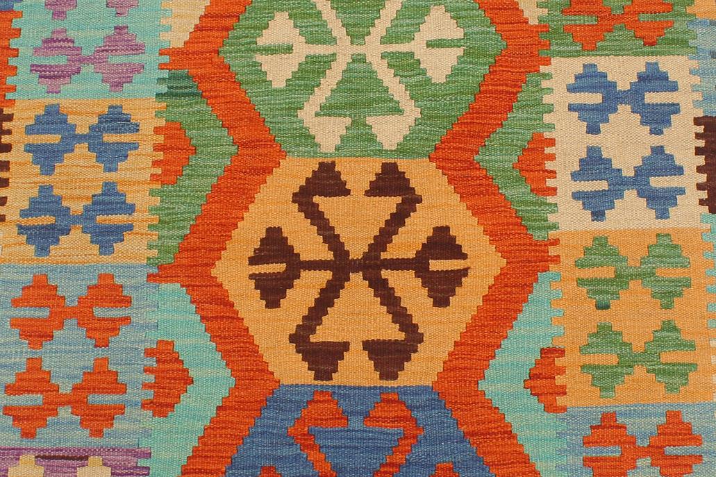 Flat Weave Kilim Antique Navaho Vintage handmade Geometric Kilim Rust Blue Hand-Woven Runner 100% Wool Area Rug 3x10 