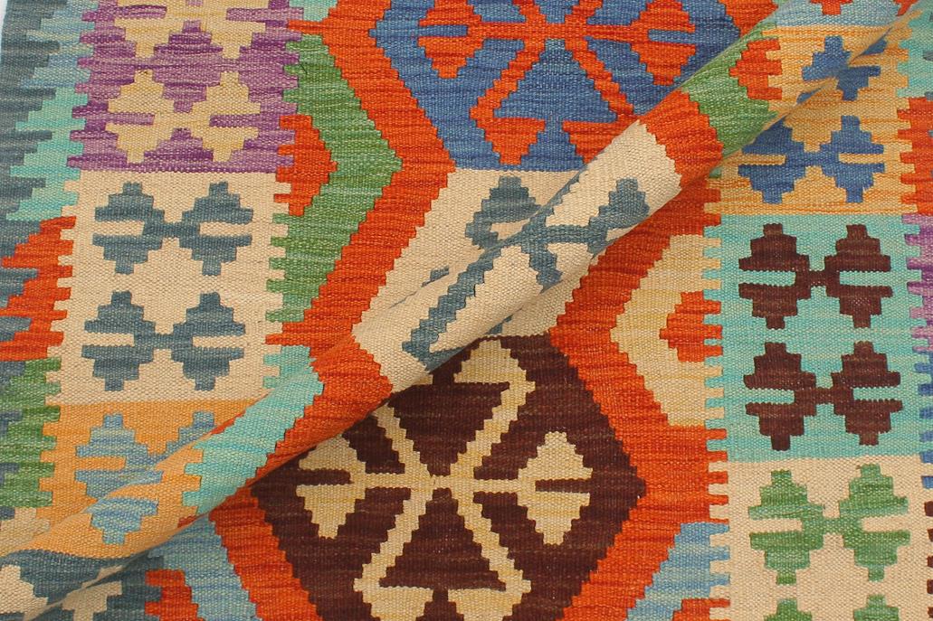 Flat Weave Kilim Antique Navaho Vintage handmade Geometric Kilim Rust Blue Hand-Woven Runner 100% Wool Area Rug 3x10 