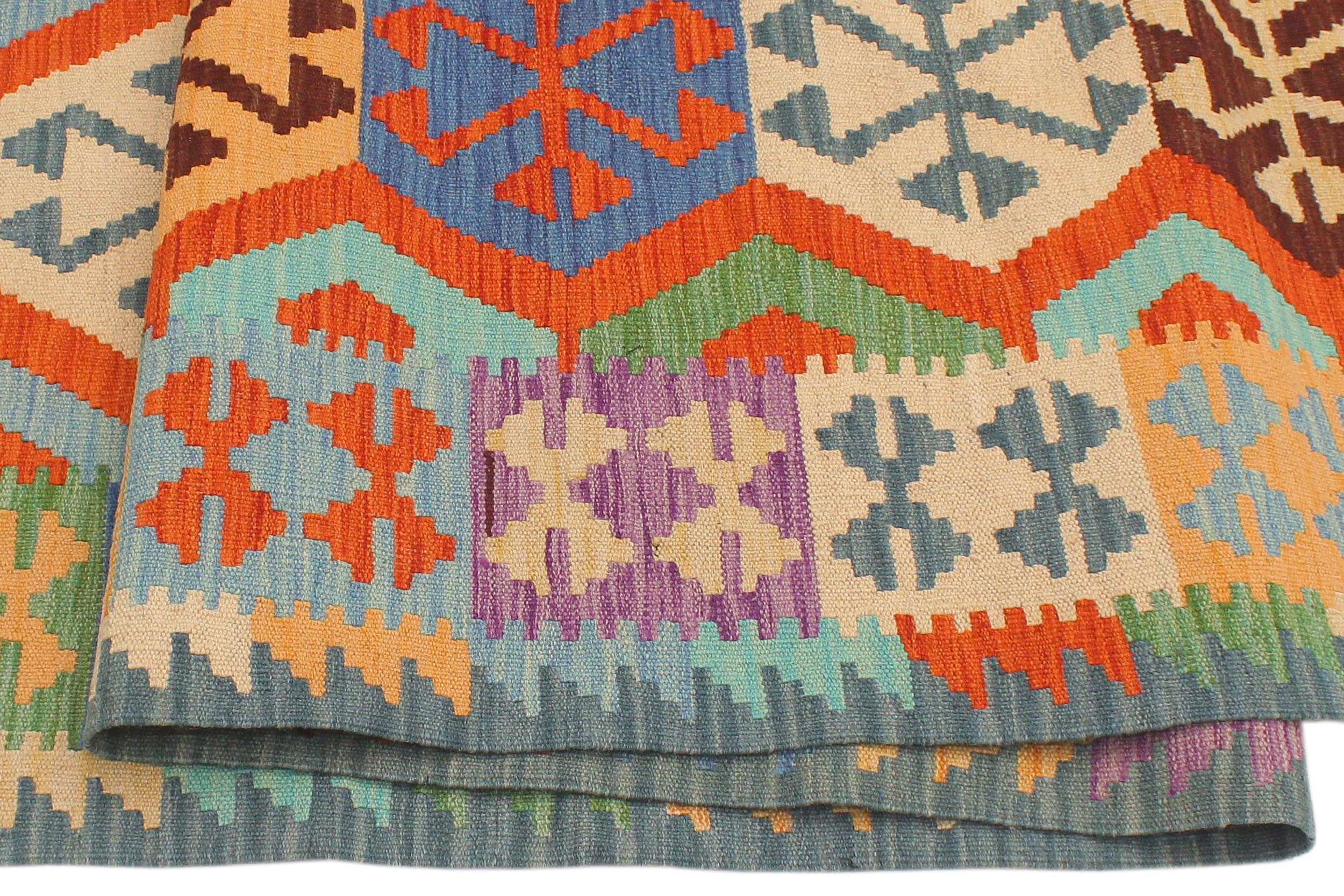 handmade Geometric Kilim Rust Blue Hand-Woven RUNNER 100% WOOL area rug 3' x 10'