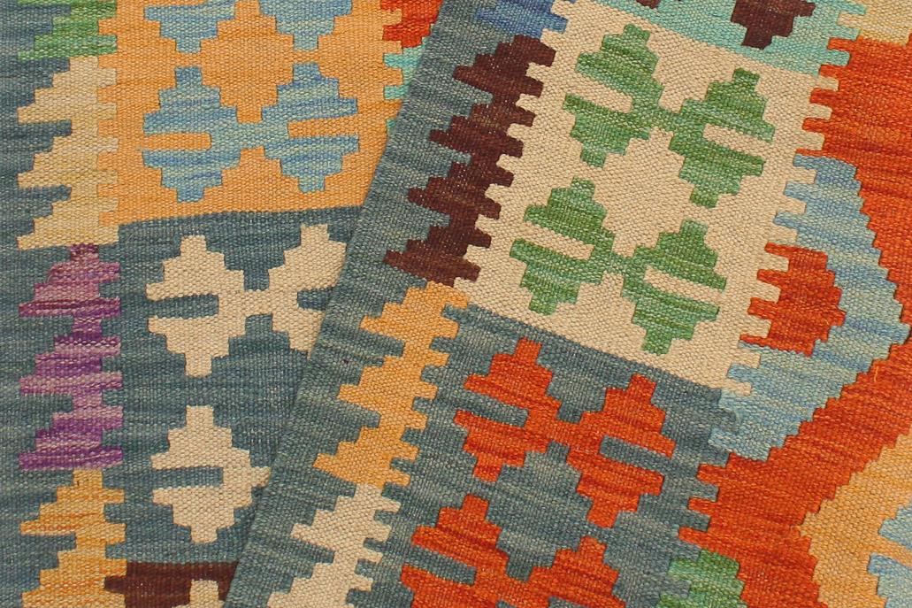 Flat Weave Kilim Antique Navaho Vintage handmade Geometric Kilim Rust Blue Hand-Woven Runner 100% Wool Area Rug 3x10 