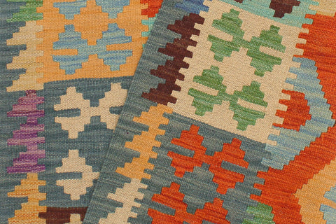 handmade Geometric Kilim Rust Blue Hand-Woven RUNNER 100% WOOL area rug 3' x 10'