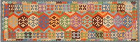 handmade Geometric Kilim Rust Blue Hand-Woven RUNNER 100% WOOL area rug 3' x 10'
