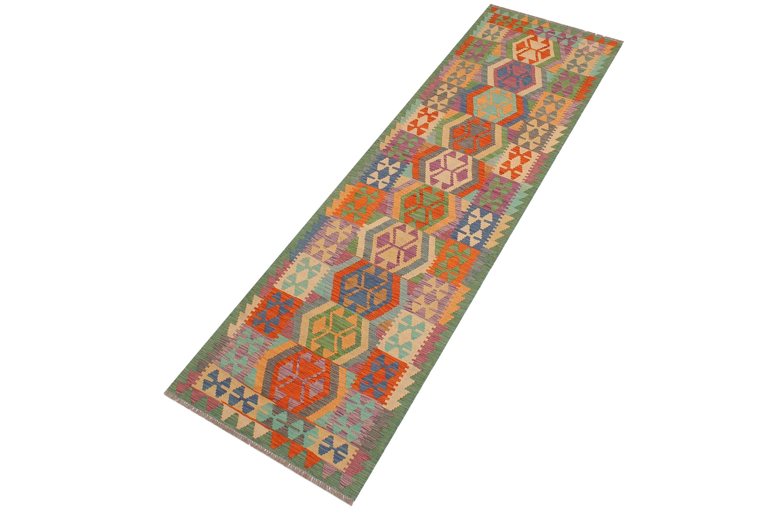 handmade Geometric Kilim Rust Green Hand-Woven RUNNER 100% WOOL area rug 3' x 10'