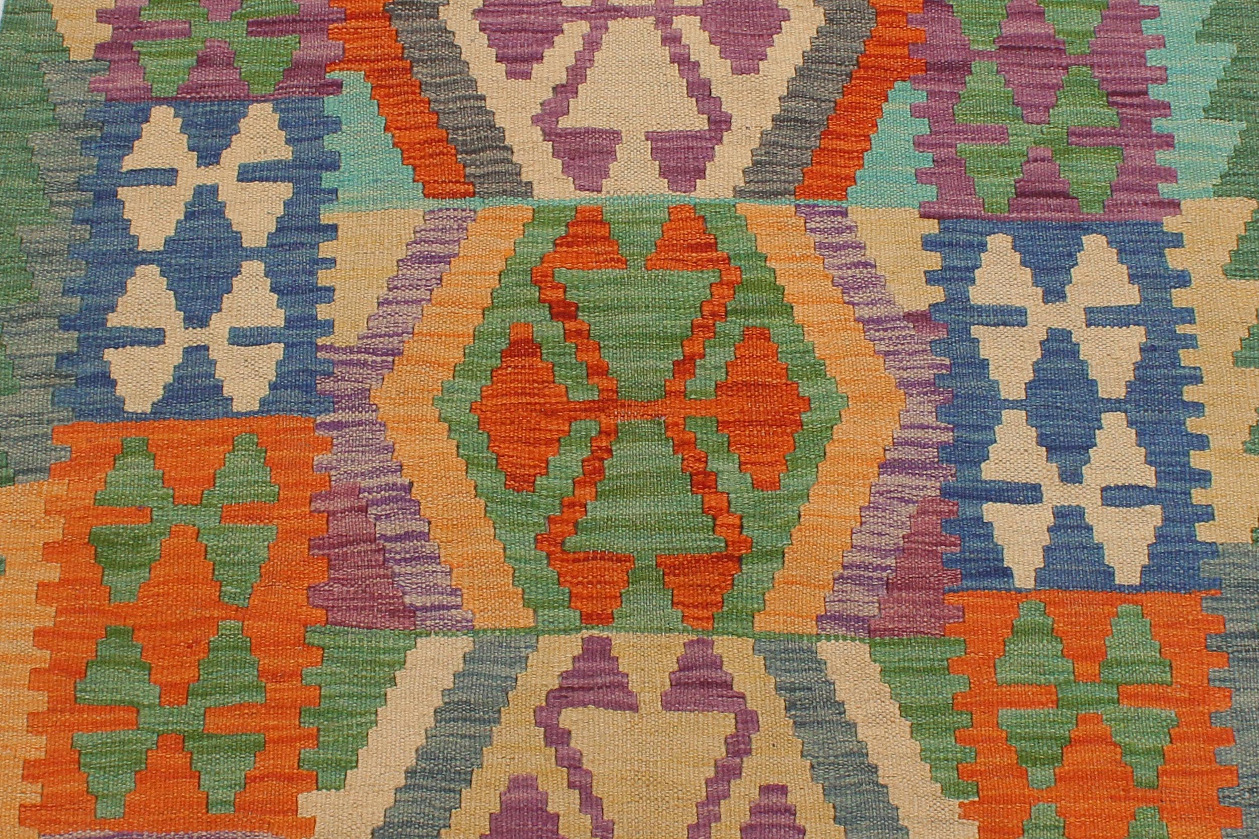 handmade Geometric Kilim Rust Green Hand-Woven RUNNER 100% WOOL area rug 3' x 10'