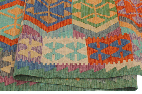 handmade Geometric Kilim Rust Green Hand-Woven RUNNER 100% WOOL area rug 3' x 10'