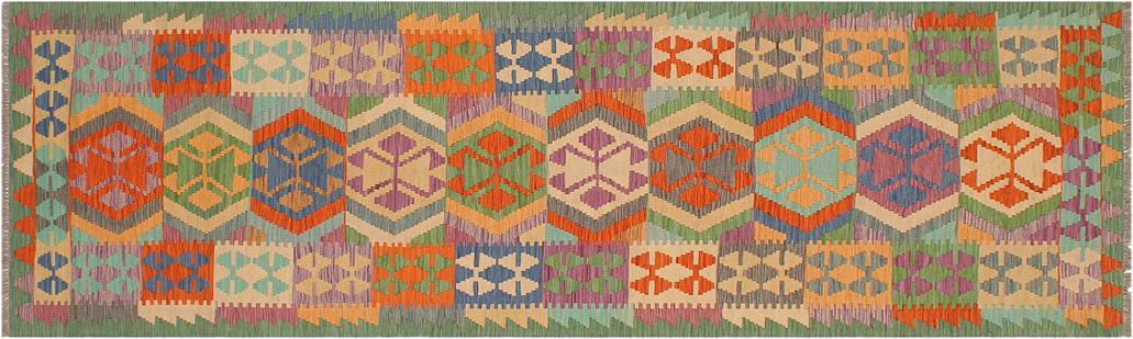 Flat Weave Kilim Antique Navaho Vintage handmade Geometric Kilim Rust Green Hand-Woven Runner 100% Wool Area Rug 3x10 