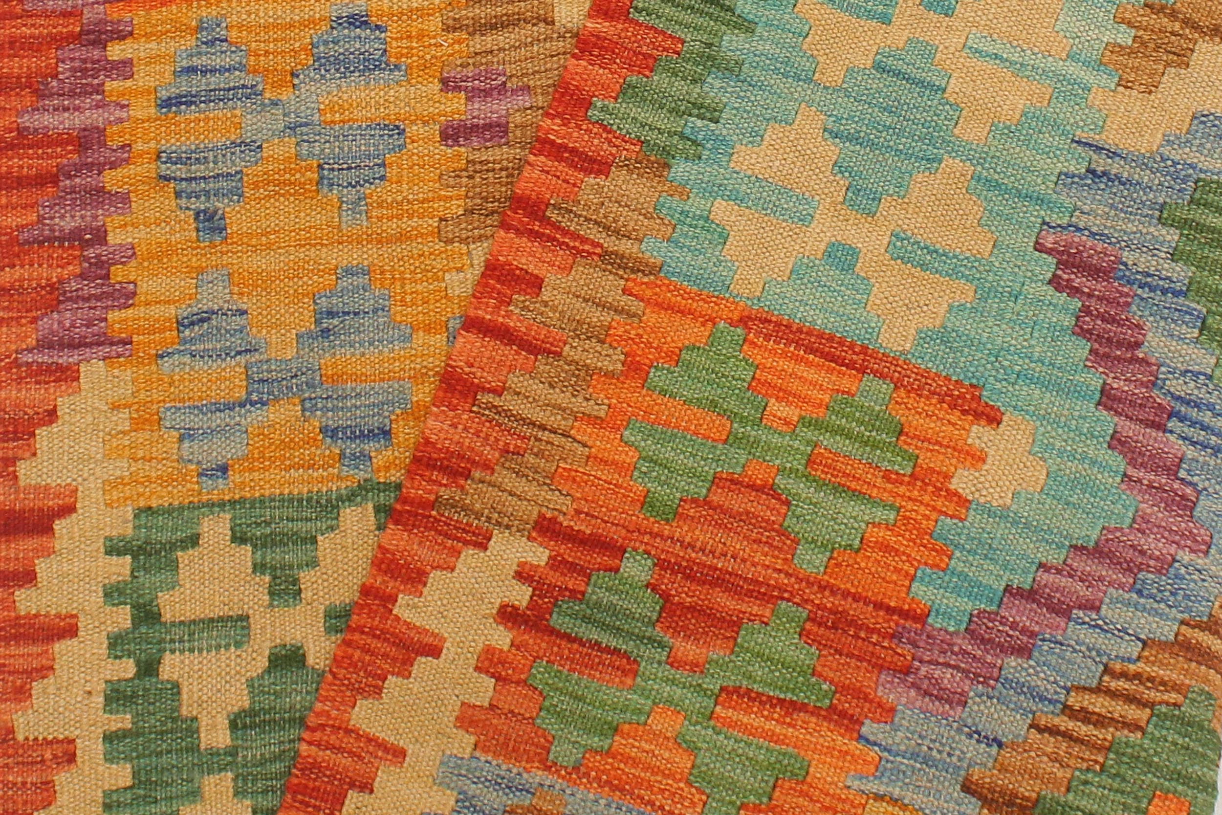 handmade Geometric Kilim Blue Rust Hand-Woven RUNNER 100% WOOL area rug 3 x 10
