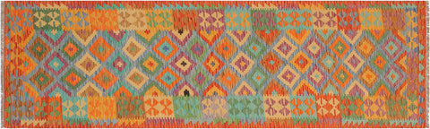 handmade Geometric Kilim Blue Rust Hand-Woven RUNNER 100% WOOL area rug 3 x 10