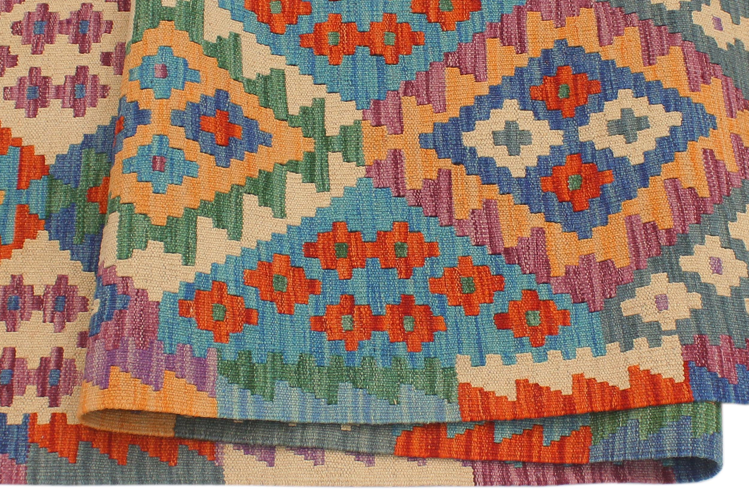 handmade Geometric Kilim Blue Rust Hand-Woven RUNNER 100% WOOL area rug 3 x 10