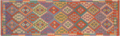 Flat Weave Kilim Antique Navaho Vintage handmade Modern Kilim Blue Rust Hand-Woven Runner 100% Wool Area Rug 3x10 