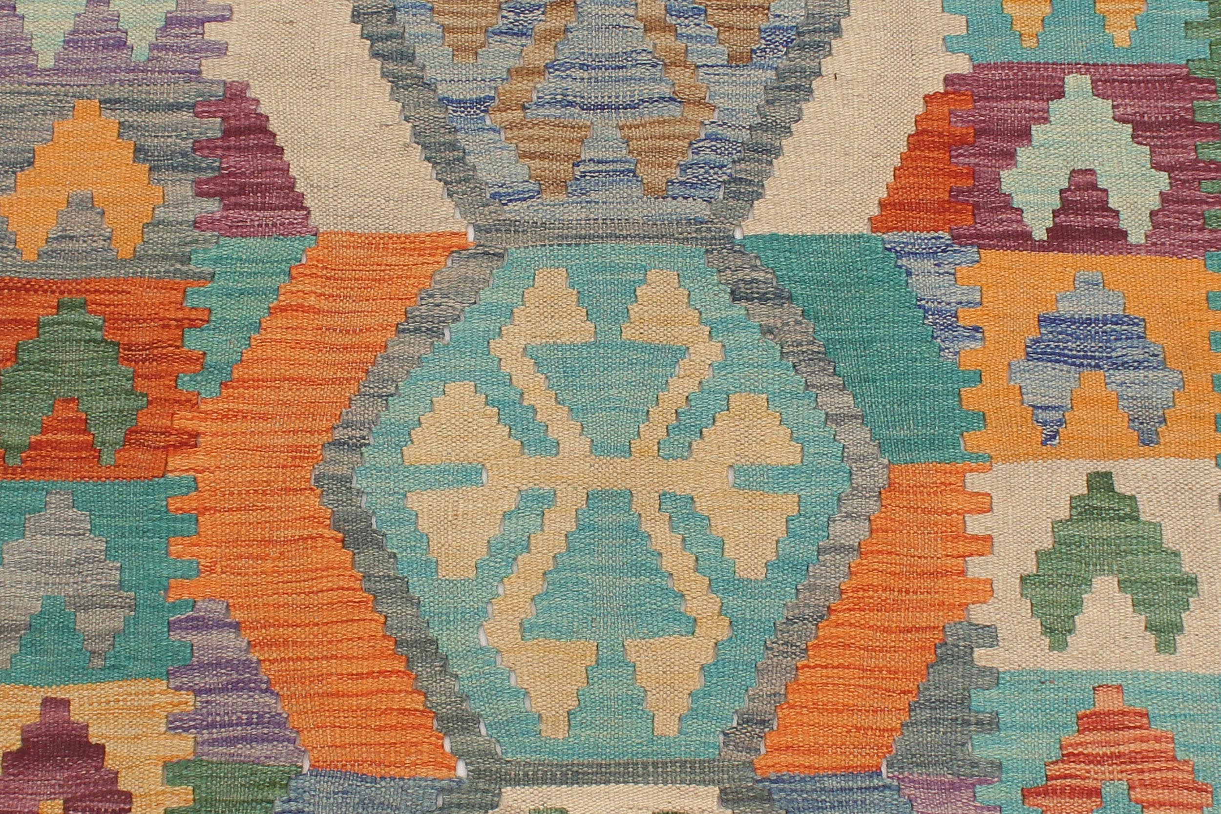 handmade Geometric Kilim Blue Rust Hand-Woven RUNNER 100% WOOL area rug 3' x 10'