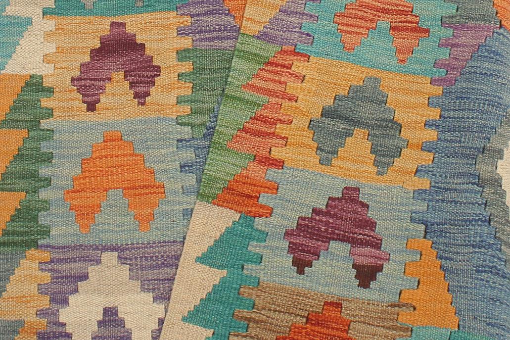 Flat Weave Kilim Antique Navaho Vintage handmade Geometric Kilim Blue Rust Hand-Woven Runner 100% Wool Area Rug 3x10 