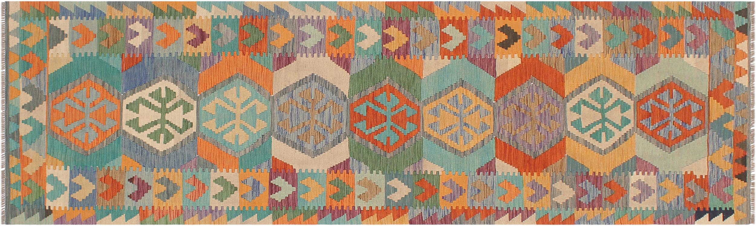 handmade Geometric Kilim Blue Rust Hand-Woven RUNNER 100% WOOL area rug 3' x 10'