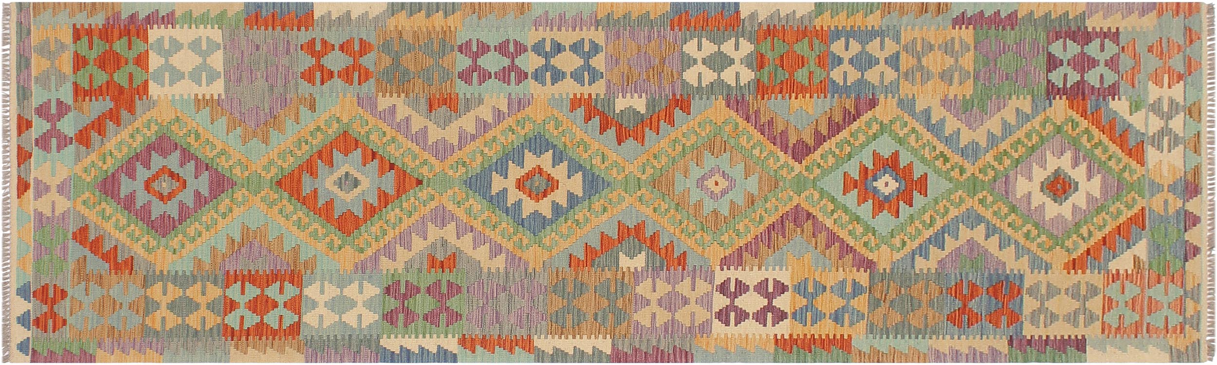 handmade Geometric Kilim Gold Blue Hand-Woven RUNNER 100% WOOL area rug 3' x 10'