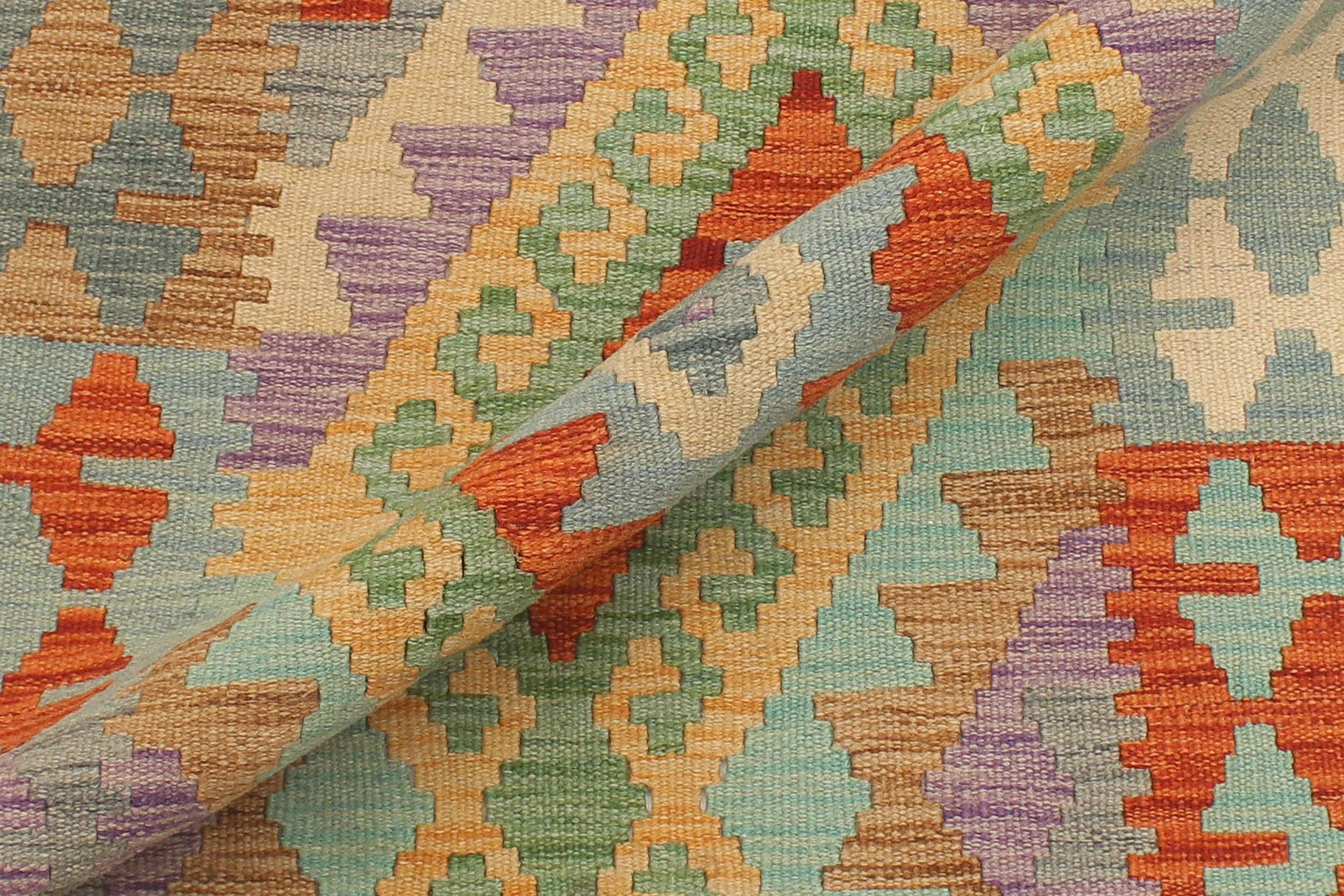 handmade Geometric Kilim Gold Blue Hand-Woven RUNNER 100% WOOL area rug 3' x 10'