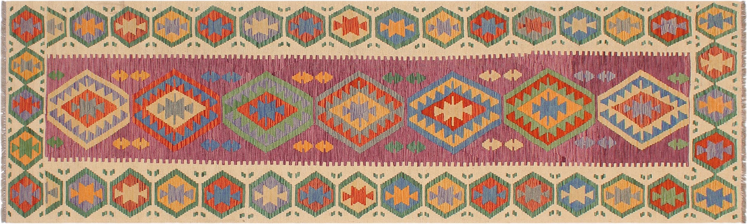 handmade Geometric Kilim Purple Beige Hand-Woven RUNNER 100% WOOL area rug 3' x 10'