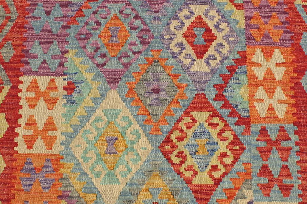 Flat Weave Kilim Antique Navaho Vintage handmade Modern Kilim Blue Rust Hand-Woven Runner 100% Wool Area Rug 3x10 