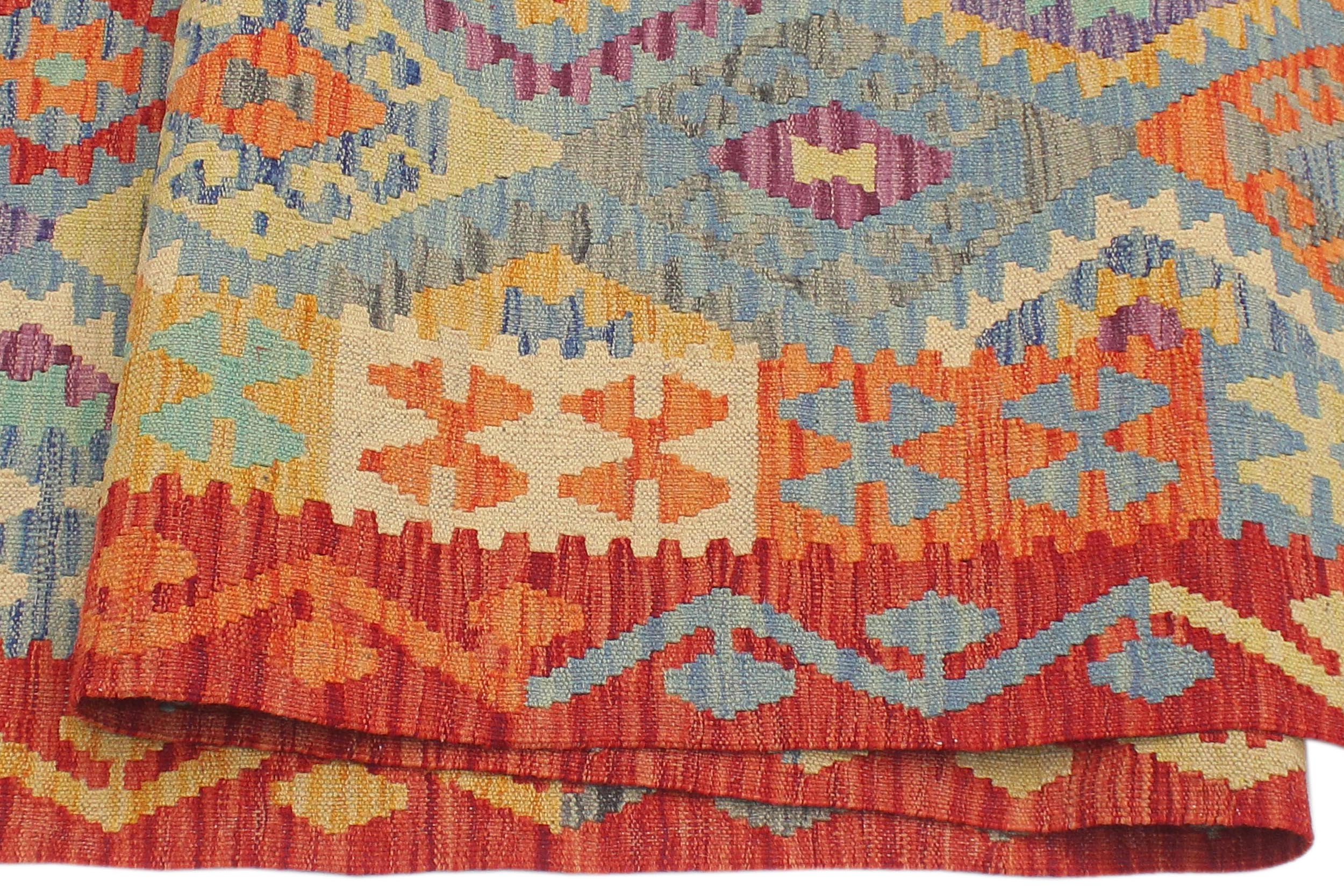 handmade Geometric Kilim Blue Rust Hand-Woven RUNNER 100% WOOL area rug 3 x 10