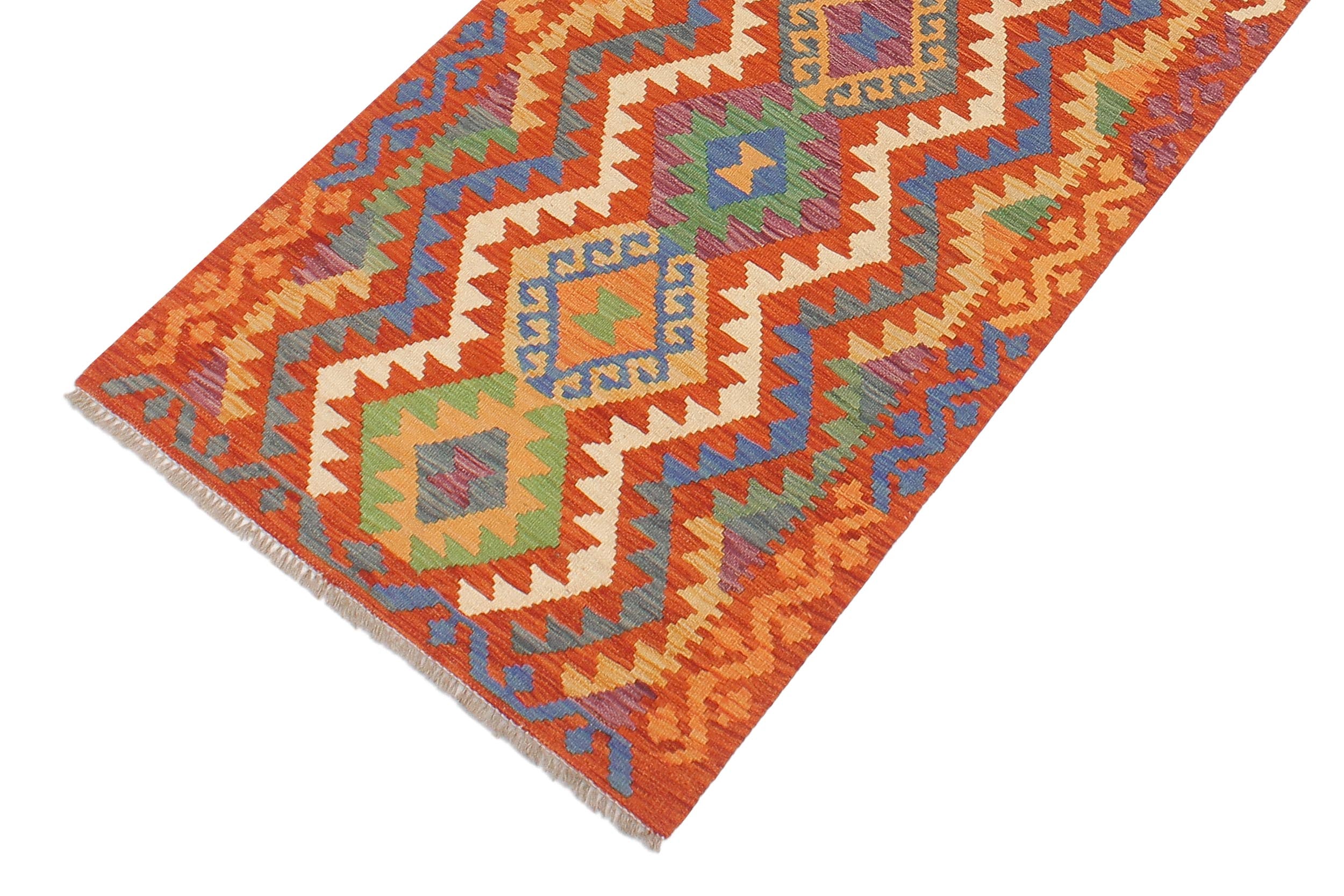 handmade Geometric Kilim Rust Blue Hand-Woven RUNNER 100% WOOL area rug 3' x 10'