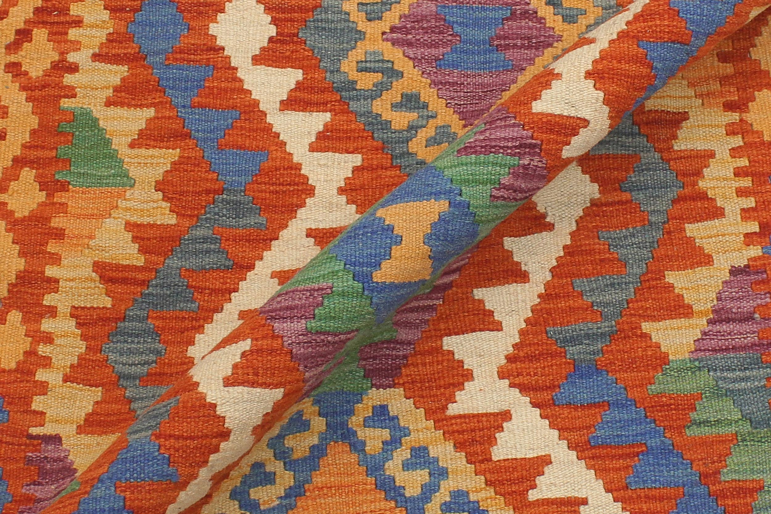 handmade Geometric Kilim Rust Blue Hand-Woven RUNNER 100% WOOL area rug 3' x 10'