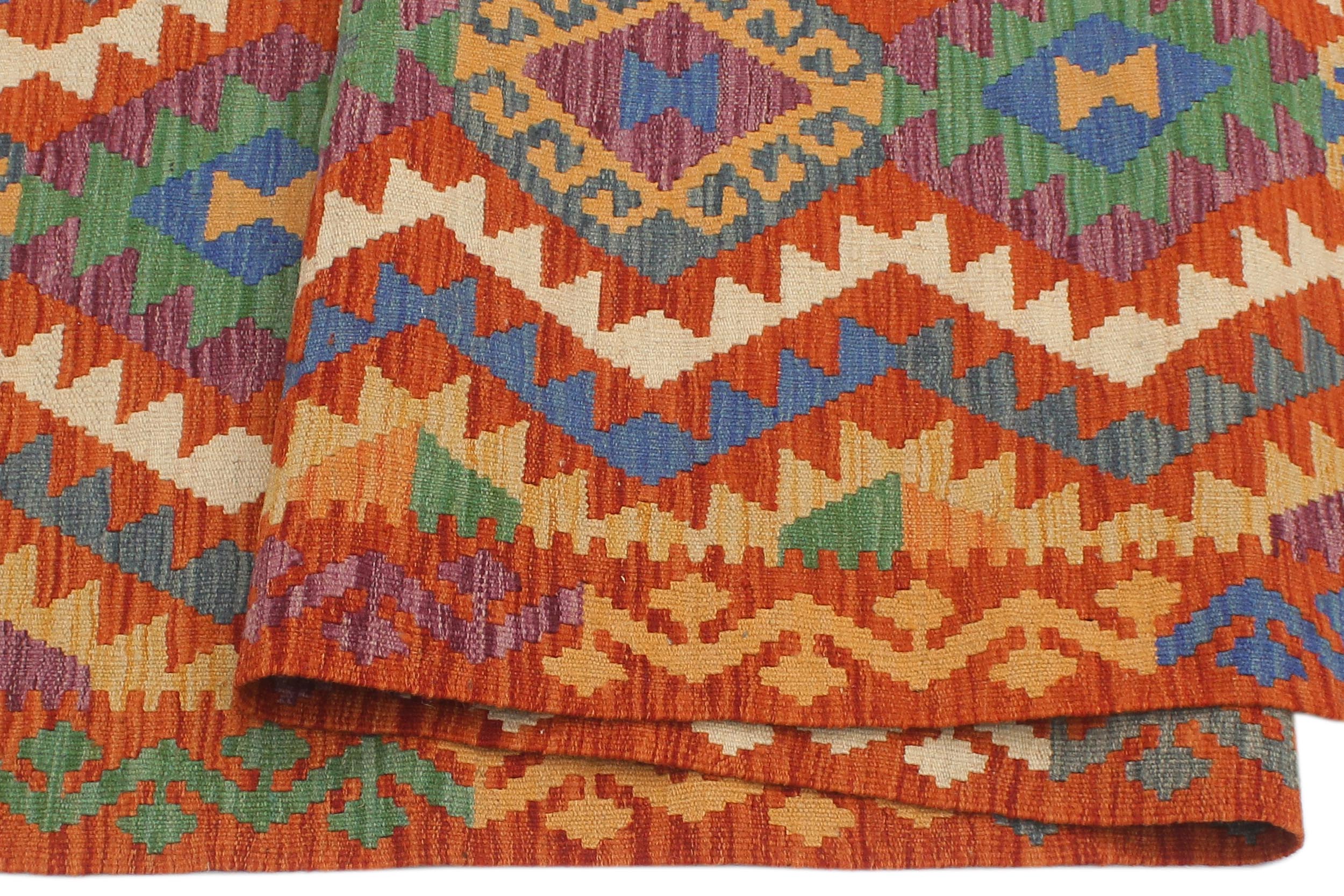 handmade Geometric Kilim Rust Blue Hand-Woven RUNNER 100% WOOL area rug 3' x 10'